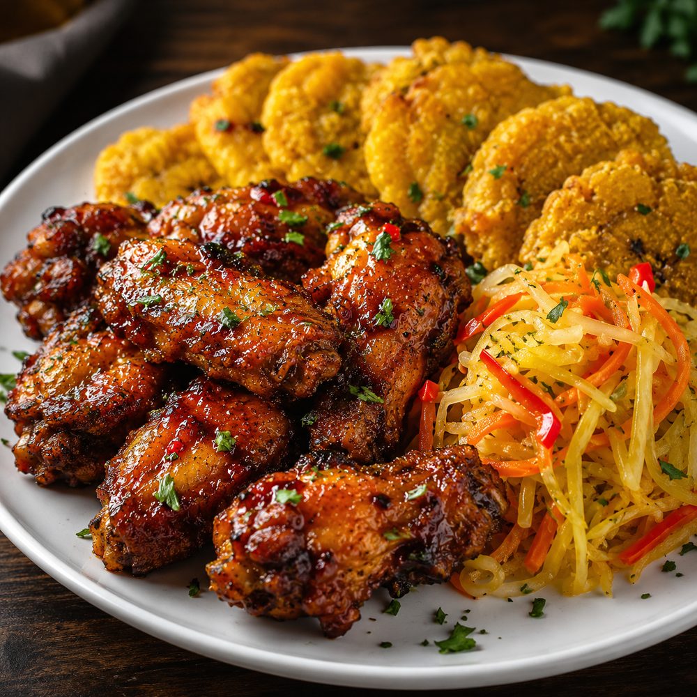 Chicken Wings plate with tostones and pikliz