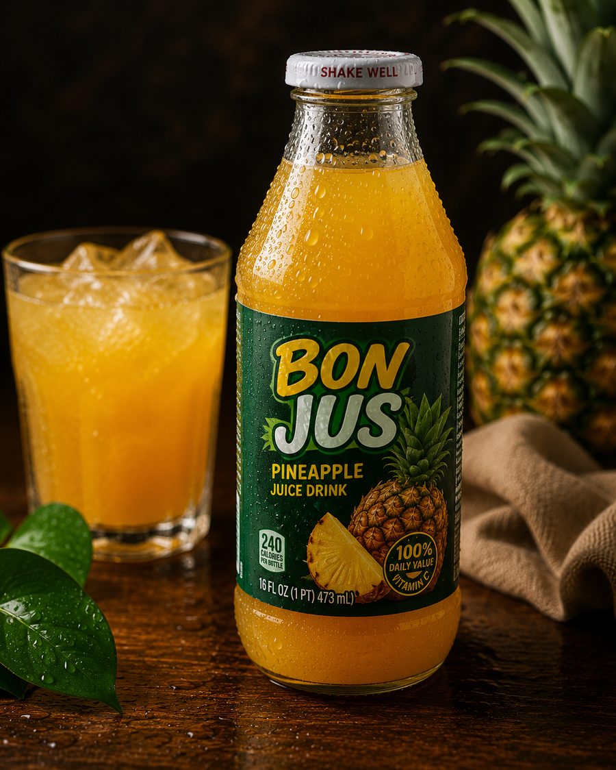 Bottle of Bon Jus pineapple juice drink