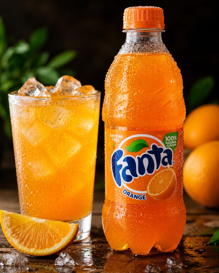 Bottle of Fanta Orange with a glass over ice