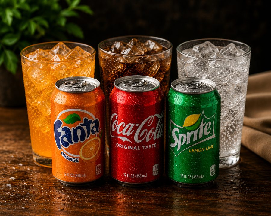 Assorted canned sodas served over ice