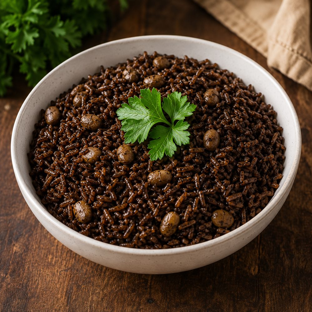 Bowl of djon djon black mushroom rice